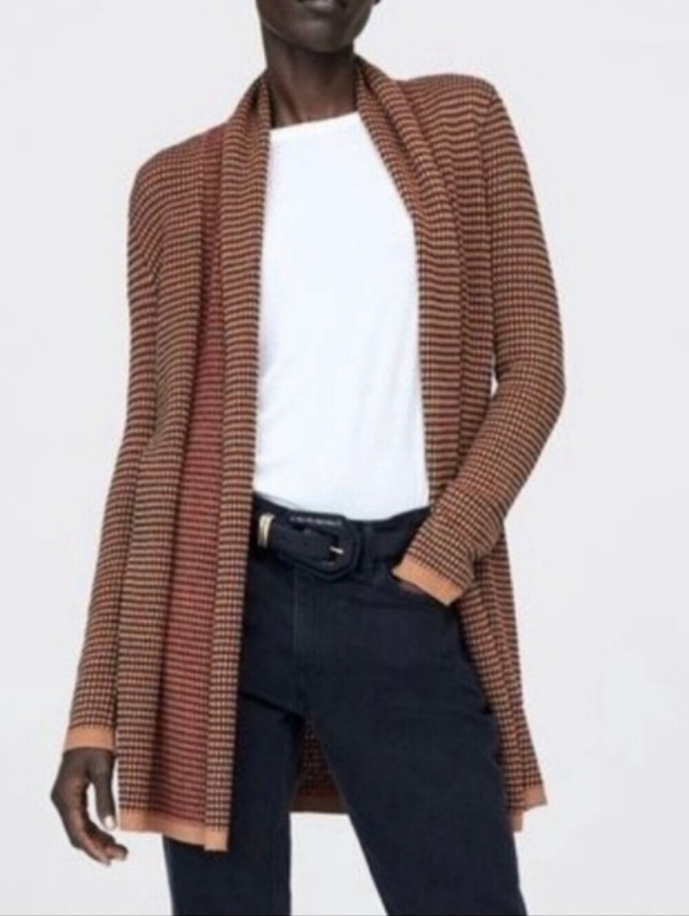 Love For Humanity Textured Open-Front Cardigan in Rust and Camel Large